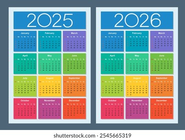 Calendario colorido para 2025 y 2026 años. La semana comienza el domingo. Ilustración vectorial aislada.