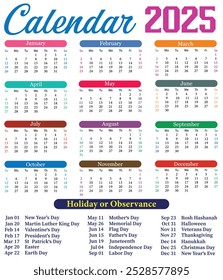 Colorful Calendar 2025. Monthly Calendar. Daily Planner. 2025 yearly wall Calendar. Calendar dates planning. 2025 Holidays calender