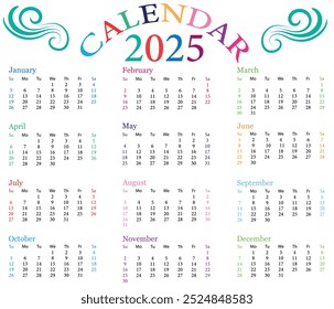 Colorful Calendar 2025. Calendar 2025 Vector Design. 2025 Calendar Template and Images. Monthly Calendar. Daily Planner