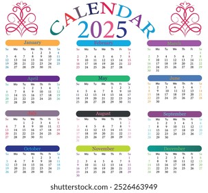 Colorful Calendar 2025. Calendar 2025 Vector Design. 2025 Calendar Template and Images. Monthly Calendar. Daily Planner