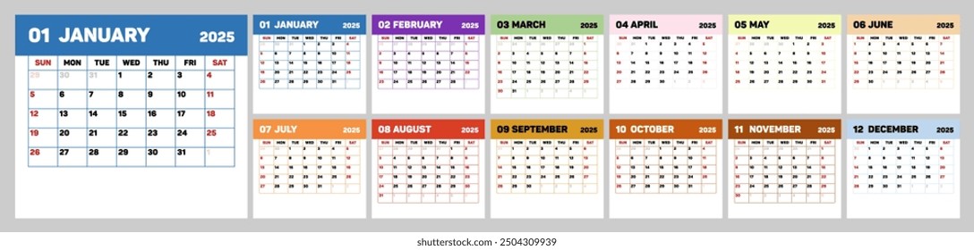 Colorful calendar 2025. Week starts on Sunday. Calendar layout. Multicolored Planner 2025. Annual quadratic organizer, English. Horizontal template. Vector illustration