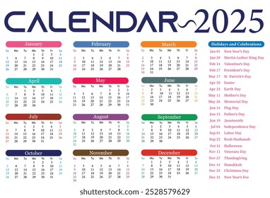 Colorful Calendar 2025. Calendar 2025 year English. Wall Calendar 2025 with holidays 