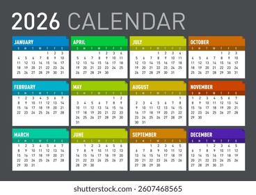 Colorful Calendar 2026 New Year Mock Up. EPS10 Vector