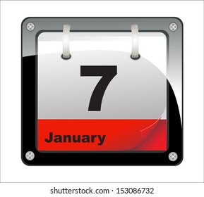  colorful calendar with dates, red on white background. January 7 Holiday