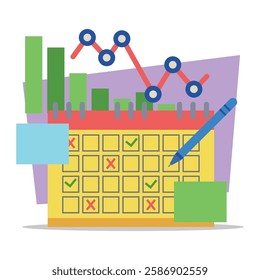 Colorful calendar displaying tasks and checkmarks alongside graphs indicating business performance metrics. Project management and productivity tracking concept