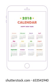 Colorful calendar in iPad for 2018 years. Week starts from Sunday.