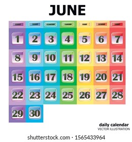 Colorful calendar for June 2020 in english. Set of buttons with calendar dates for the month of June. For planning important days. Banners for holidays and special days.  Vector illustration.