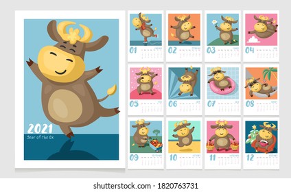 Colorful calendar for kids for 2021 Year of the Ox. Cute cartoon cows and bulls in different poses. Cover and 12 monthly pages. Week starts on Sunday.