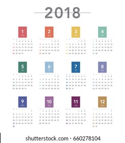 Colorful calendar Layout for 2018 years. Week starts from Sunday.