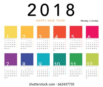 Colorful calendar Layout for 2018 years. Week starts from Monday.