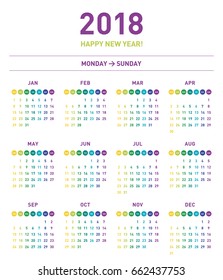 Colorful calendar Layout for 2018 years. Week starts from Monday.