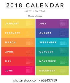 Colorful calendar Layout for 2018 years. Week starts from Monday.