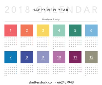 Colorful calendar Layout for 2018 years. Week starts from Monday.