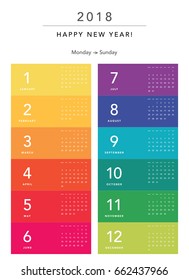 Colorful calendar Layout for 2018 years. Week starts from Monday.