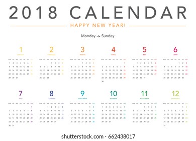 Colorful calendar Layout for 2018 years. Week starts from Monday.