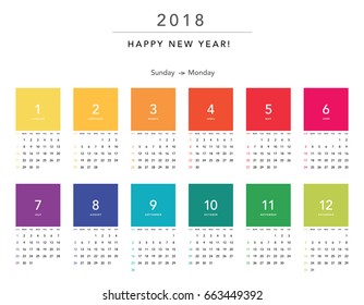 Colorful calendar Layout for 2018 years. Week starts from Sunday.