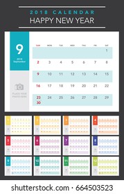 Colorful calendar Layout for 2018 years. Week starts from Sunday.