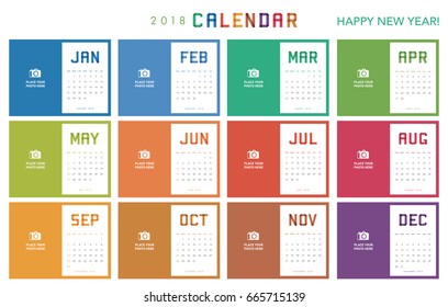 Colorful calendar Layout for 2018 years. Week starts from Sunday.