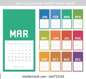 Colorful calendar Layout for 2018 years. Week starts from Sunday.