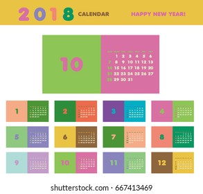 Colorful calendar Layout for 2018 years. Week starts from Sunday.