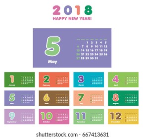 Colorful calendar Layout for 2018 years. Week starts from Sunday.