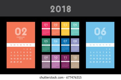 Colorful calendar Layout for 2018 years. Week starts from Sunday.