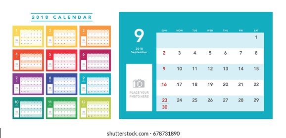 Colorful calendar Layout for 2018 years. Week starts from Sunday.