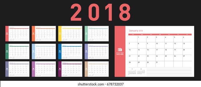 Colorful calendar Layout for 2018 years. Week starts from Sunday.