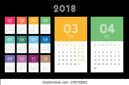 Colorful calendar Layout for 2018 years. Week starts from Monday.