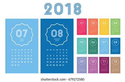 Colorful calendar Layout for 2018 years. Week starts from Sunday.