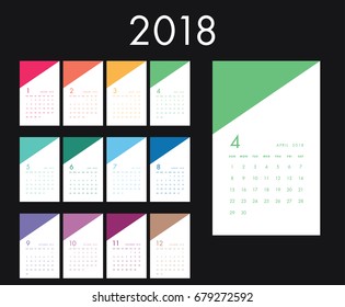Colorful calendar Layout for 2018 years. Week starts from Sunday.