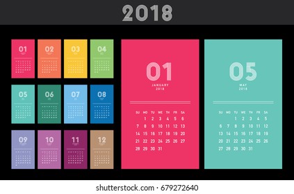 Colorful calendar Layout for 2018 years. Week starts from Sunday.