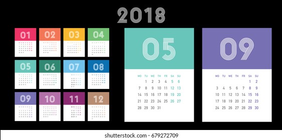 Colorful Calendar Layout For 2018 Years. Week Starts From Monday.