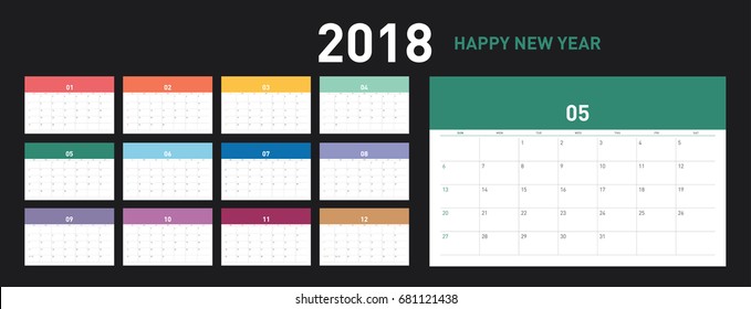 Colorful calendar Layout for 2018 years. Week starts from Sunday.
