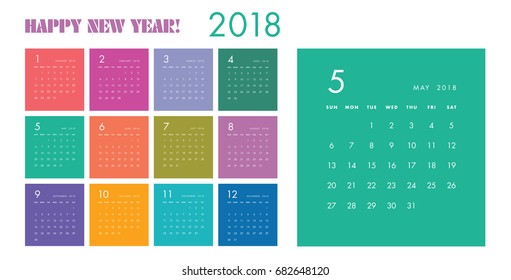 Colorful calendar Layout for 2018 years. Week starts from Sunday.