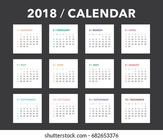 Colorful calendar Layout for 2018 years. Week starts from Sunday.