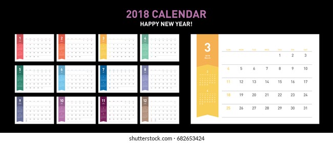 Colorful calendar Layout for 2018 years. Week starts from Sunday.