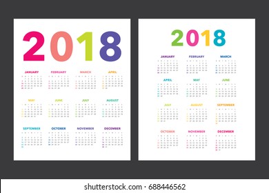 Colorful calendar Layout for 2018 years. Week starts from Sunday.