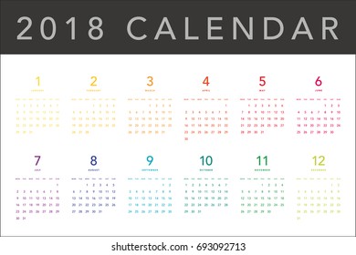 Colorful calendar Layout for 2018 years. Week starts from Monday.