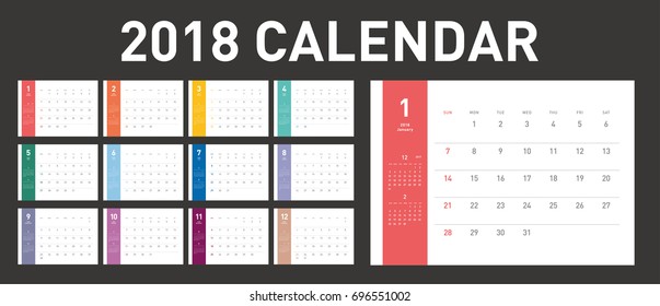 Colorful calendar Layout for 2018 years. Week starts from Sunday.