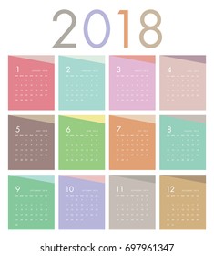 Colorful calendar Layout for 2018 years. Week starts from Sunday.