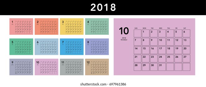 Colorful calendar Layout for 2018 years. Week starts from Sunday.