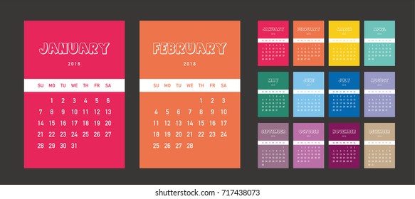 Colorful calendar Layout for 2018 years. Week starts from Sunday.
