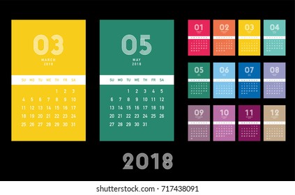 Colorful calendar Layout for 2018 years. Week starts from Sunday.