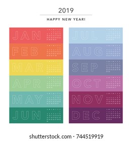 Colorful calendar Layout for 2019 years. Week starts from Sunday.