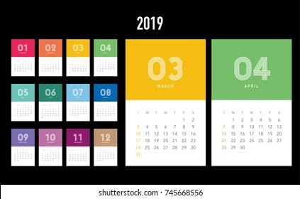 Colorful calendar Layout for 2019 years. Week starts from Sunday.