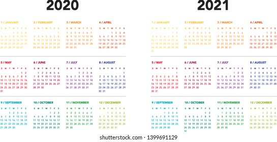 Colorful calendar Layout for 2020 and 2021 years. Week starts from Sunday.