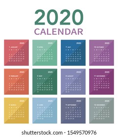 Colorful calendar Layout for 2020 year. Week starts from Sunday.