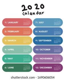 Colorful calendar Layout for 2020 years. Week starts from Sunday.