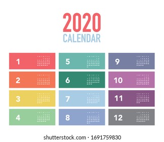 Colorful calendar Layout for 2020 years. Week starts from Sunday.